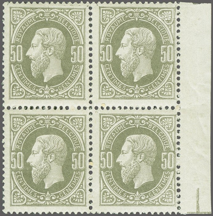 België 1869/1883 - Leopold II 50c Lichtgrijs (aniline kleuren) op Dun Gesatineerd Papier - BLOK VAN 4 - POSTFRIS - Certificaat Kaiser - OBP 35A