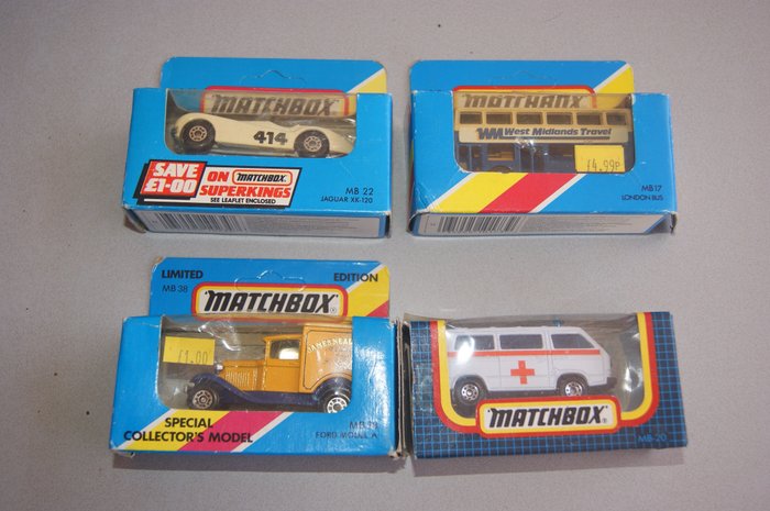 Matchbox Int. Toys Ltd. - Enfield - England - 1:76 - Original First Issue New Series "Blue" Matchbox Mint Models "London Bus"no.MB17 - "V.W, Transporter" - MB20 & "Jaguar XK120" Nr. MB22 & "Ford Modell A" Nr. MB38 - 1981