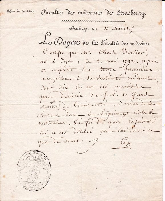Coze - Doyen faculté de médecine de Strasbourg - Certificat de scolarité [ Cent-jours ] - 1815