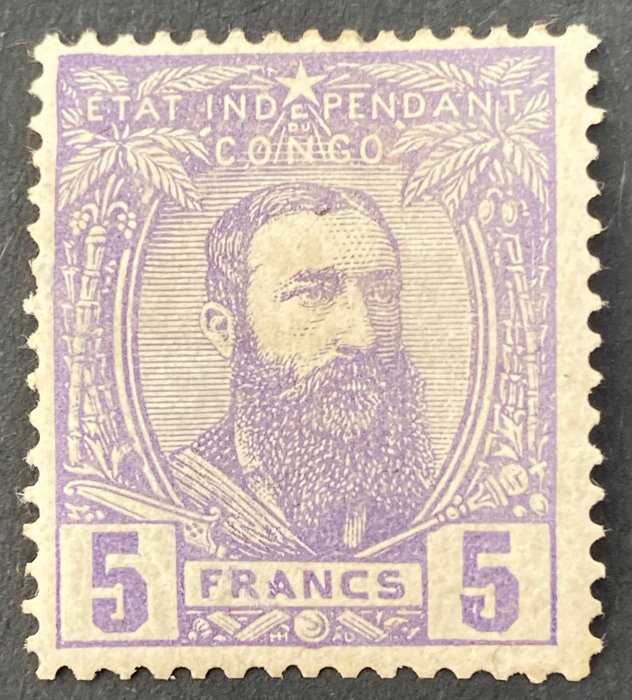 Congo belge 1887 - Leopold II looking three-quarters to the right: 5F violet - The highest denomination of the series - OBP/COB 11 - met keurstempeltje