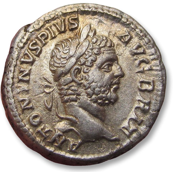 Roman Empire. Caracalla (AD 198-217). Silver Denarius,  Rome mint 210 A.D. - PONTIF TR P XIII COS III, Virtus standing right -