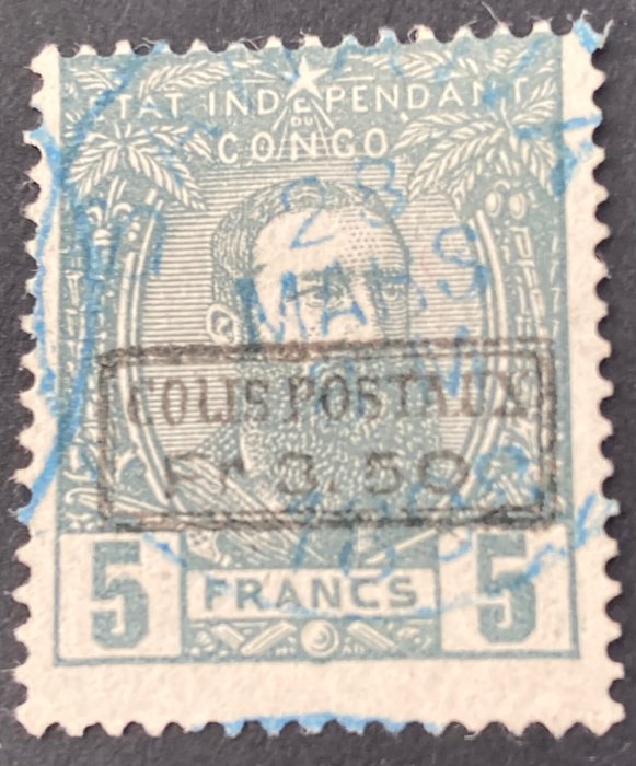 Belgisch-Kongo 1889 - Leopold II three quarters to the right : imprint 3,50F in double frame on 5F grey - OBP/COB CP5