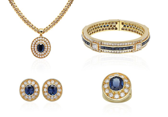 18 karaat Geel goud – Armband, Halsketting, Oorbel – 33.57 ct Saffier – Diamanten