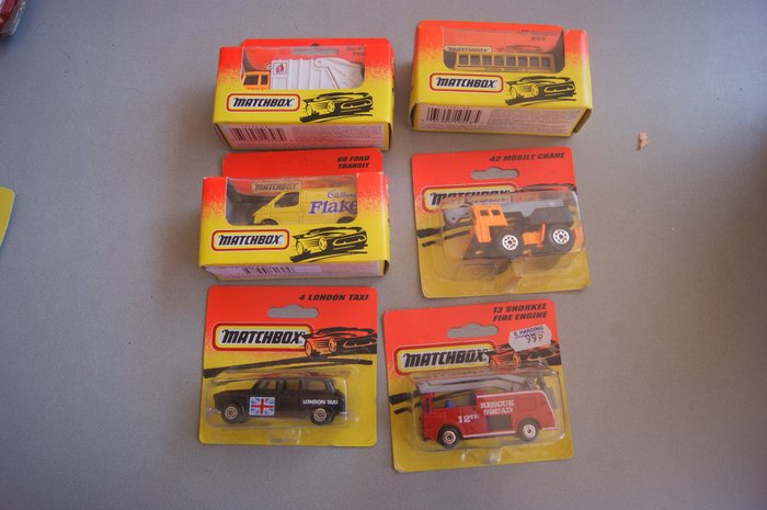 Matchbox Toys - Enfield - England - 1:76 - Original First Issue New Series "Yellow" Matchbox Mint Models - "London Taxi"no.4 - "Snorkel Fire Engine"no.13 & "Refuse Truck"no.36 &"Crane2no.42 & "U.S.A. School Bus"no.47 - 1991/'93