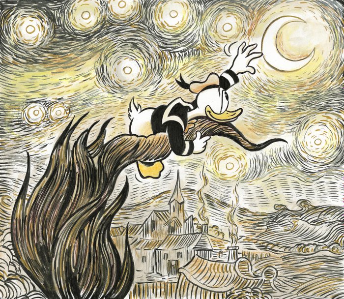 Donald Duck Inspired By Van Gogh "Starry Night" (1889) - Original Painting - Signed by Tony Fernandez - Original Acrylic Art - 50 x 32 cm