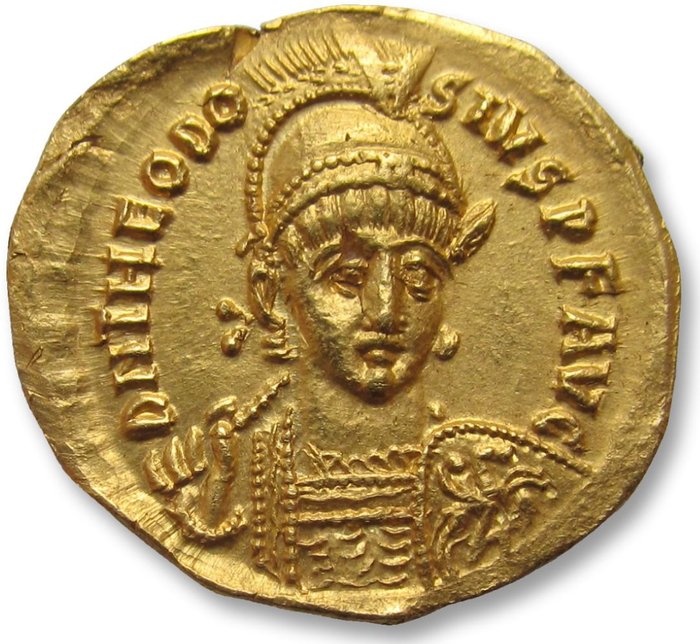 Roman Empire. Theodosius II (AD 402-450). Gold Solidus,  Thessalonica mint 425-430 A.D. - GLOR ORVIS TERRAR reverse -