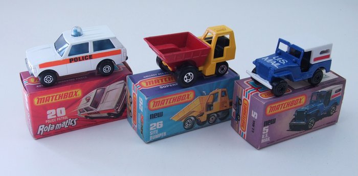 Matchbox - 1:64 - 3 x Superfast Models (2 rarities), US Mail Jeep Nr.5, Range Rover Nr.20 and Site Dumper Nr.26