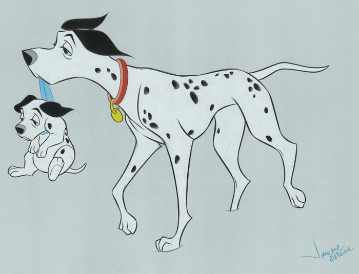 101 Dalmatians, 101 Dalmatians: Perdita Through The Snow - Original Artwork by Jaume Esteve - 50 x 35 cm - Original Artwork - Pencil Art