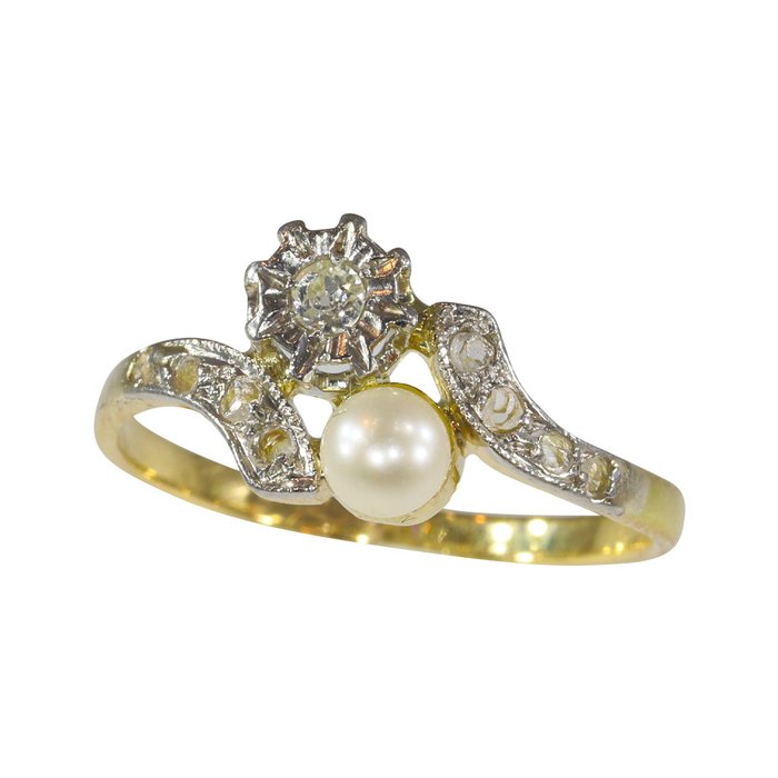 NO RESERVE PRICE - 18 carati Oro giallo - Anello Perla Akoya - Diamanti, Antico vintage anno 1900, Ridimensionamento libero*