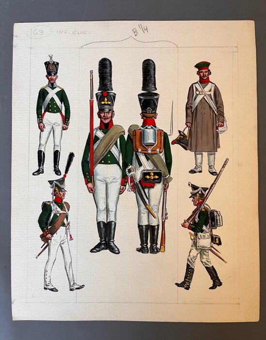 Funcken, Fred - Dessin original couleur - L'Uniforme & armes soldats 1er Empire - Infanterie de ligne - Russie - (1969)
