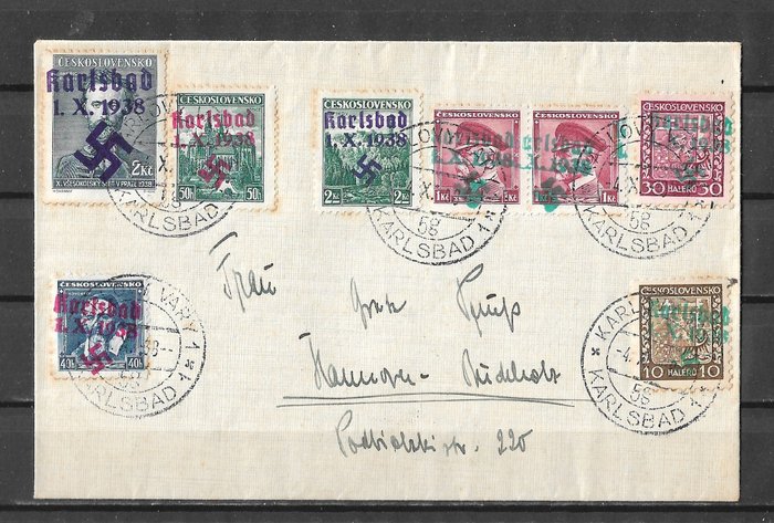 Sudetenland 1938/1938 - Envelope with hand stamp overprint - Mi.Nr 2, 5, 6, 9 (Paar), 13, 59, 63