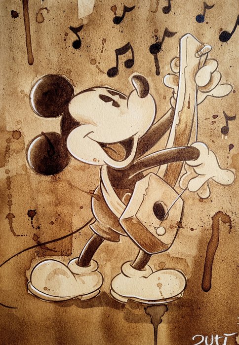 The Mickey Guitar! - Original Coffee Painting - 32 x 23 cm - Guti Signed - Coffee Art - Original Artwork