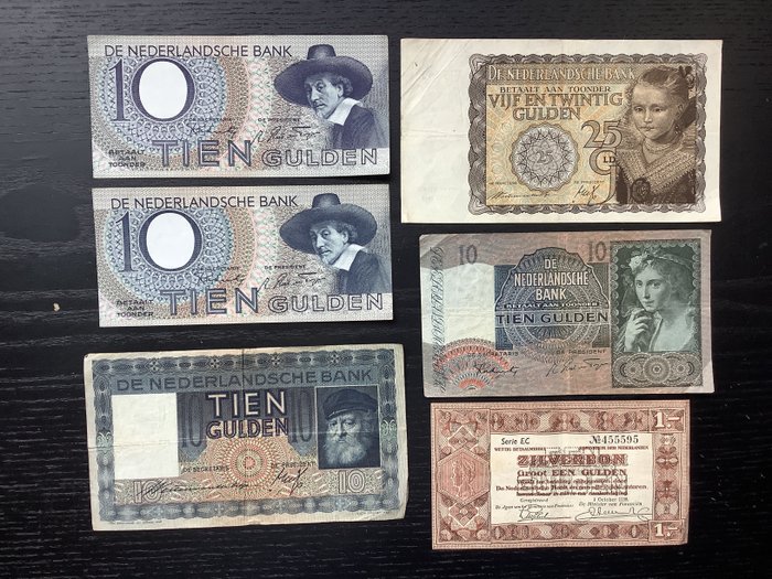 Netherlands - 6 banknotes - 1 x 1 - 4 x 10 - 1 x 25 Gulden - Various dates