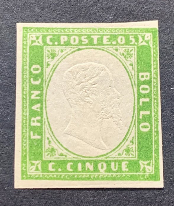 Italienische antike Staaten - Sardinien 1859 - 5 cents bright yellow green - Sassone 13B