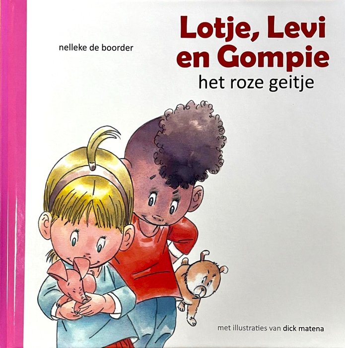 Dick Matena & Nelleke de Boorder - Originele pagina (blz. 10) uit 'Lotje, Levi en Gompie - Het roze geitje' + Gesigneerd kinderboek - (2022)