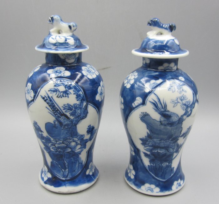 Vasi con coperchio: ghiaccio rotto e prunus con uccelli (2) - Porcellana - Cina - Fine XIX secolo
