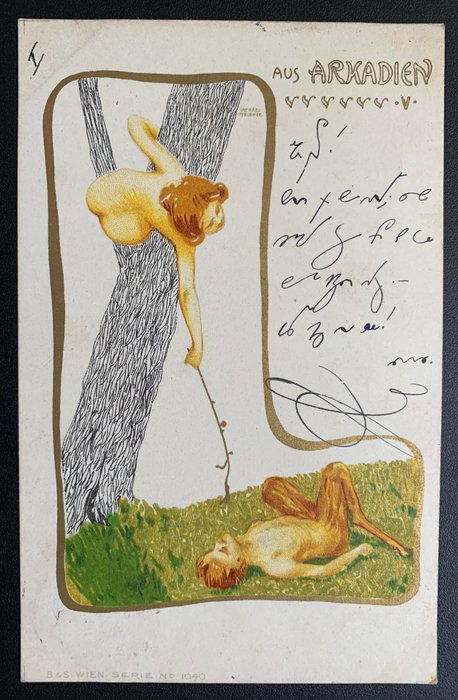 Raphael Kirchner - Belle femme nue avec satyre - D'Arcadie - Carte postale unique - 1900