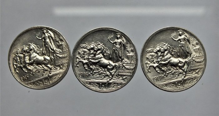 Italy, Kingdom of Italy. Vittorio Emanuele III di Savoia (1900-1946). 1 Lira (3 pezzi) 1915-1917 - altissima conservazione