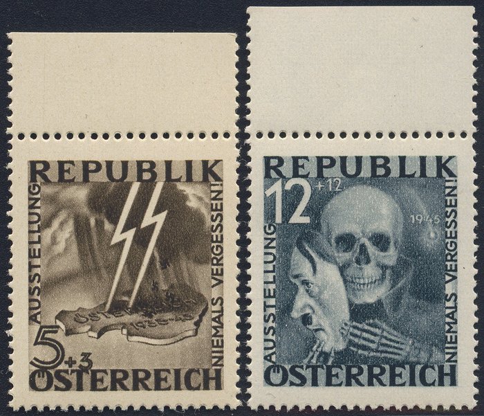 Österreich 1946 - Blitz-Totenmaske, Satz komplett, vom Oberrand - ANK-Nr. (13) - (14)