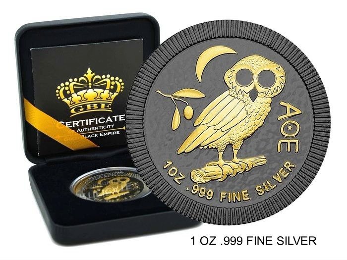 Niue. 2 Dollars 2021 Eule von Athen Gold Black Empire Edition - in Box + CoA - 1 Oz
