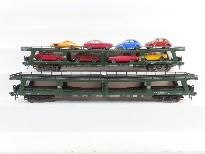 Fleischmann H0 - 5284/5285 - Goederenwagon - 2 stuks 4-assige autotransporters, deels met lading auto's, groen - DB