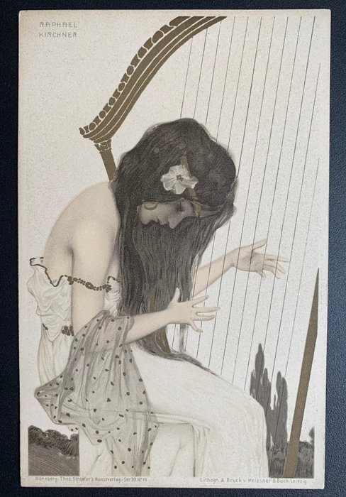Raphael Kirchner - Mooie dame speelt harp - Enkele Ansichtkaart - 1900