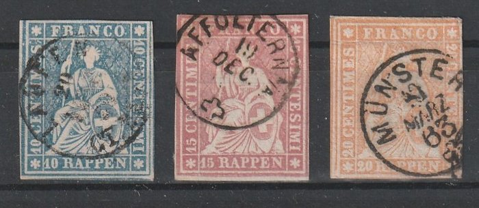 Zwitserland 1857/1862 - Strubels met een "zwergstempel" - SBK 23G, 24G en 25G