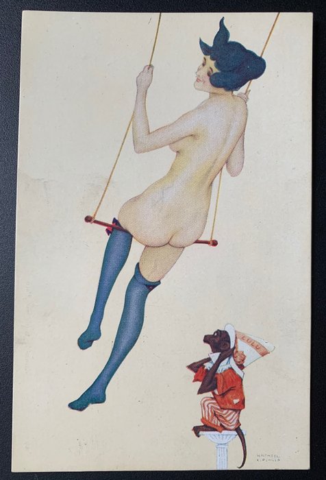Raphael Kirchner - Mooie naakte dames met aap - Enkele Ansichtkaart - 1900