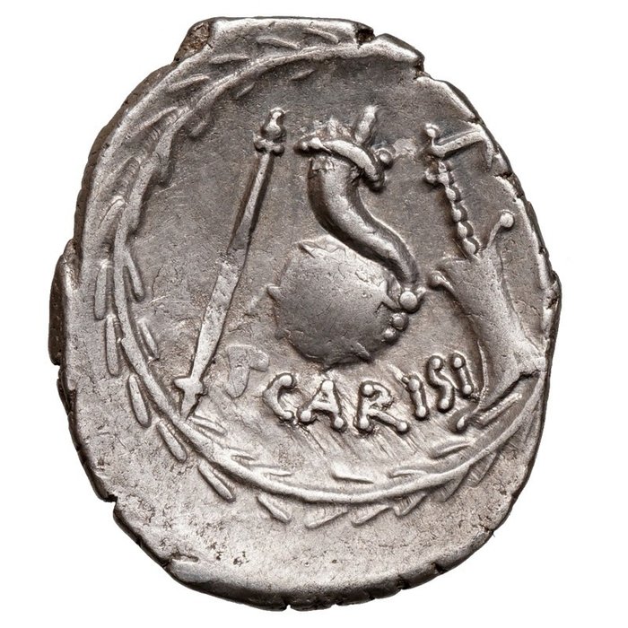 Roman Republic. T. Carisius, 46 BC. AR Denarius,  ROMA, Füllhorn, Ruder, Globus