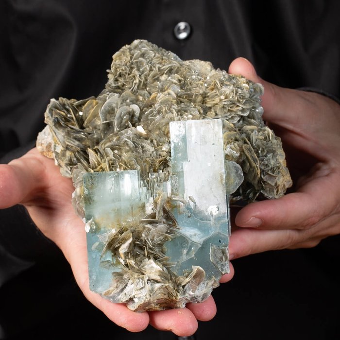 白云母基质上的顶级品质海蓝宝石 水晶 - 150×150×80 mm - 1400 g