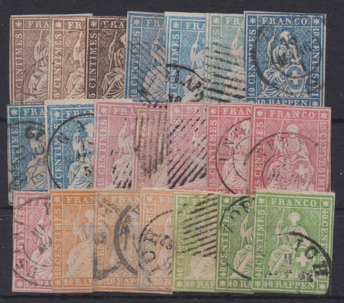 Zwitserland 1854/1860 - “Strubeli”, 21 different types, all expertised by Abt BPP (German Federation of Philatelic Experts)