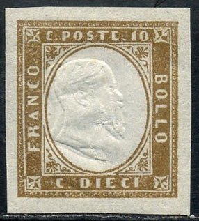 意大利古城邦-撒丁岛 1863 - 维托里奥·埃马努埃莱二世，10 美分，有三重肖像。仅已知的例子。奢华。证书 - Sassone N. 14Ec