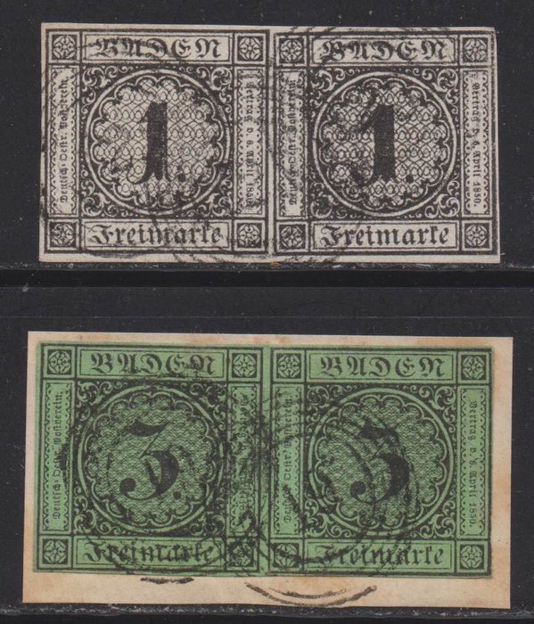Baden 1853 - Two flawless pairs with margins on all sides - Michel 5, 6