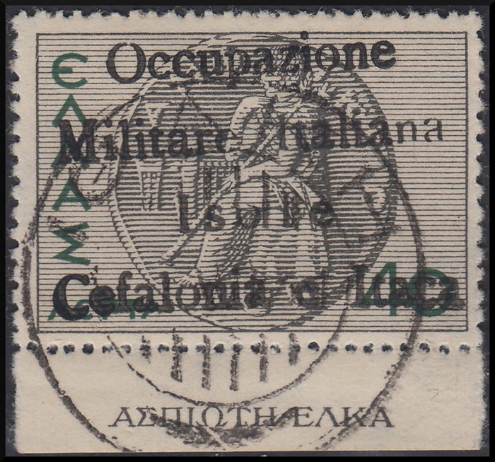 Italië - bezetting van de Ionische eilanden 1940-1943 1941 - Mitologica di Grecia 40l. nero e verde soprastampato a mano (Itaca, "O" maiuscola) - Sassone N. 31