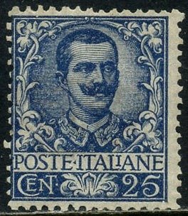 Preview of the first image of Italy Kingdom 1901 - ‘Floreale’, 25 cents azure - Sassone N. 73.
