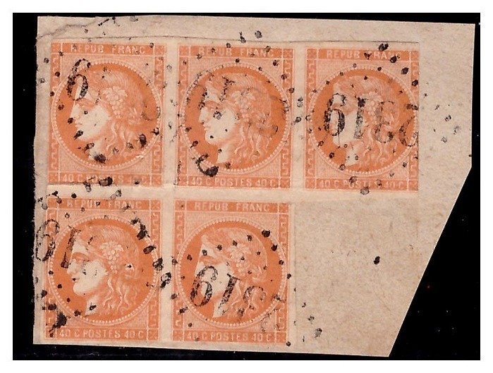 France 1870 - Exceptional Block of 5 Type Ceres "Emission de Bordeaux" cancelled LGC2319 Quote: + €5,500. - Yvert N° 48  - 40ct orange (Départ MERDRIGNAC Cote d'Armor)