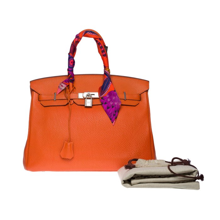 Hermès - Superbe Birkin 35 en cuir Taurillon Clémence Orange , garniture en métal argent palladium Borsa a mano
