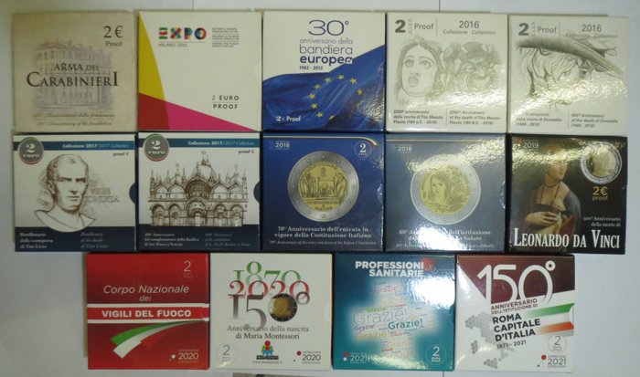 Italië. 2 Euro 2014/2021 Proof/FS (14 pezzi, incl. "Leonardo Da Vinci")
