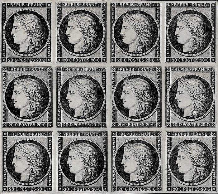 France 1849 - Magnificent Ceres, 20 cents black, block of 12, mint, without gum. Proof.