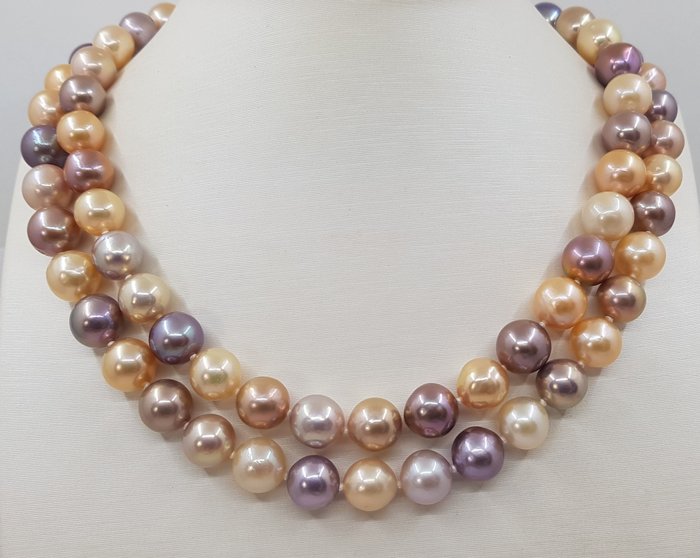 Preview of the first image of no reserve - 9.5x11.5mm Round Shimmering Multi Edison Freshwater Pearls - 925 Silver - Necklace.