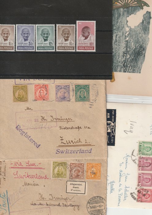Azië - 15-kg suitcase with comprehensive content, Asia including Philippines via Suez on entire postal - 1948, 15. Aug. 1. Jahrestag der Unabhängigkeit: Mahatma Gandhi. Postkarten Pakistan