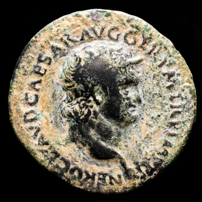 Roman Empire. Nero (AD 54-68). Æ As,  Lugdunum 67 AD. - S - C, Victory flying left holding in both hands shield SPQR