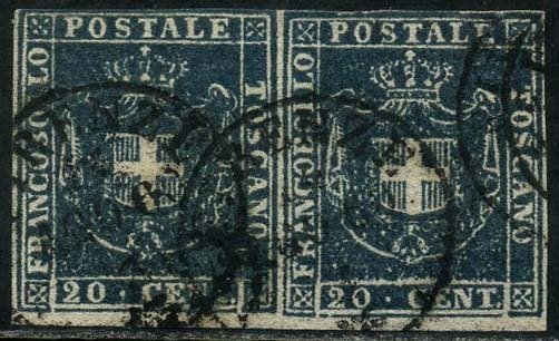 Preview of the first image of Italian Ancient States - Tuscany 1860 - Provisional Government, 20 cents azure, pair. - Sassone N..