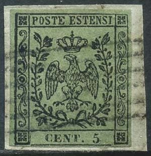 Preview of the first image of Italian Ancient States - Modena 1852 - Eagle of Este, 5 cents olive green without dot after the fig.