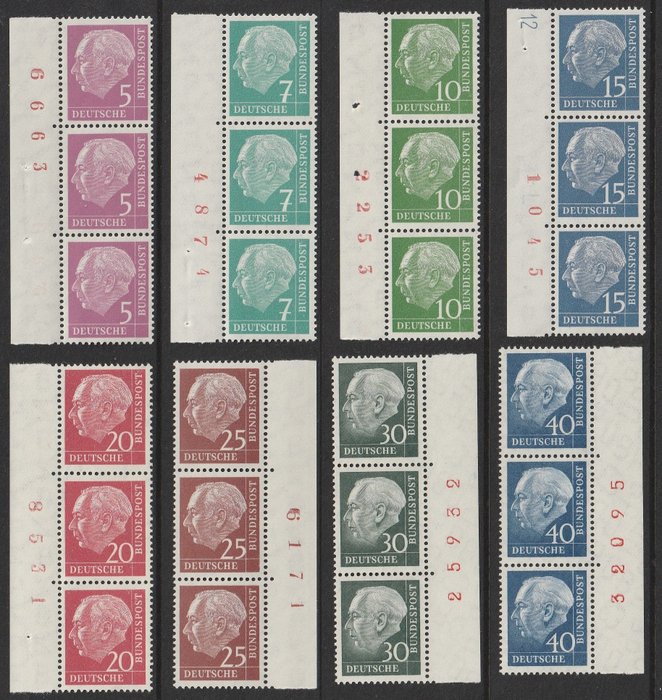 Deutschland, Bundesrepublik 1960 - Complete series "Heuss Lumogen" - Edge strips of 3, with 1 DZ. - Michel: 179y/186y + 259y/260y.