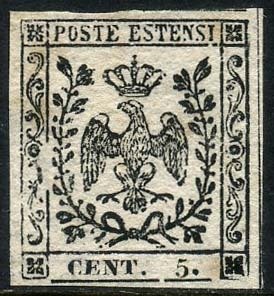 Preview of the first image of Italian Ancient States - Modena 1852 - Eagle of Este, proof of 5 cents on white paper with inverted.