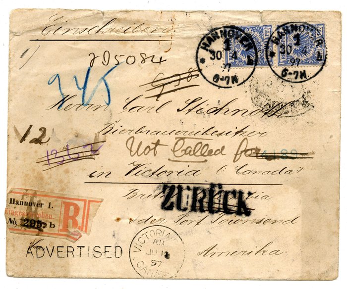 German Empire - No. 48 registered letter to Canada + return “ADVERTISED”
