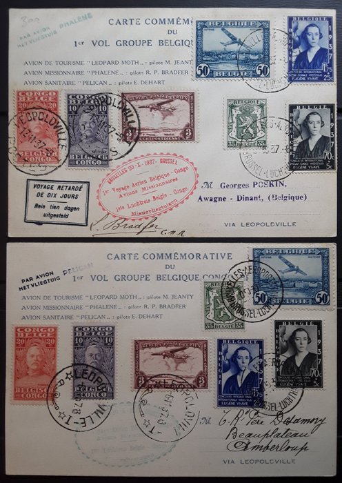 Belgique - 1 flight Belgium-Congo / 2 commemorative cards 1937