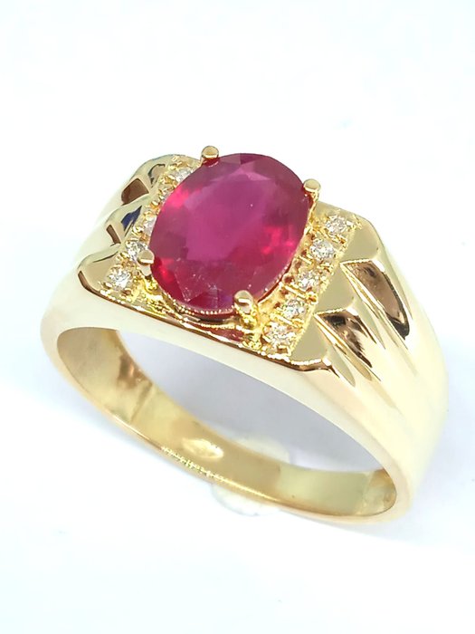 Ring - 18 karaat Geel goud Robijn - Diamant 