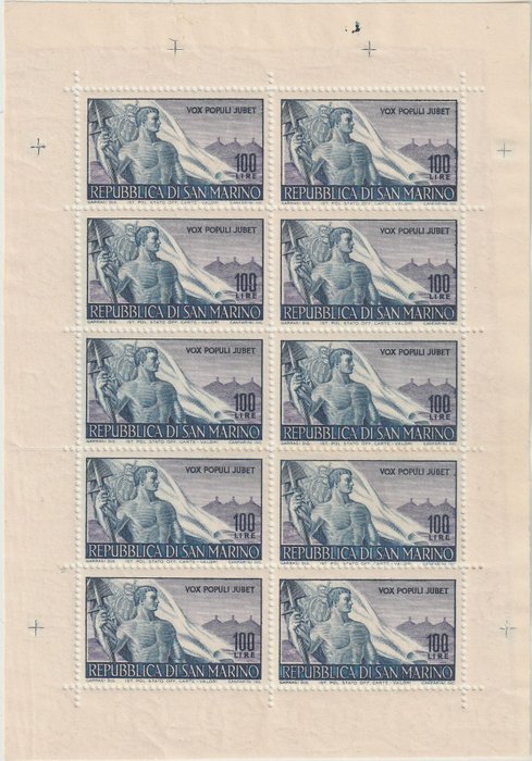 Saint-Marin 1948 - Workers 1000 l. Minisheet of 10 pieces, intact and very rare, with 2 certificates - Sassone MF9